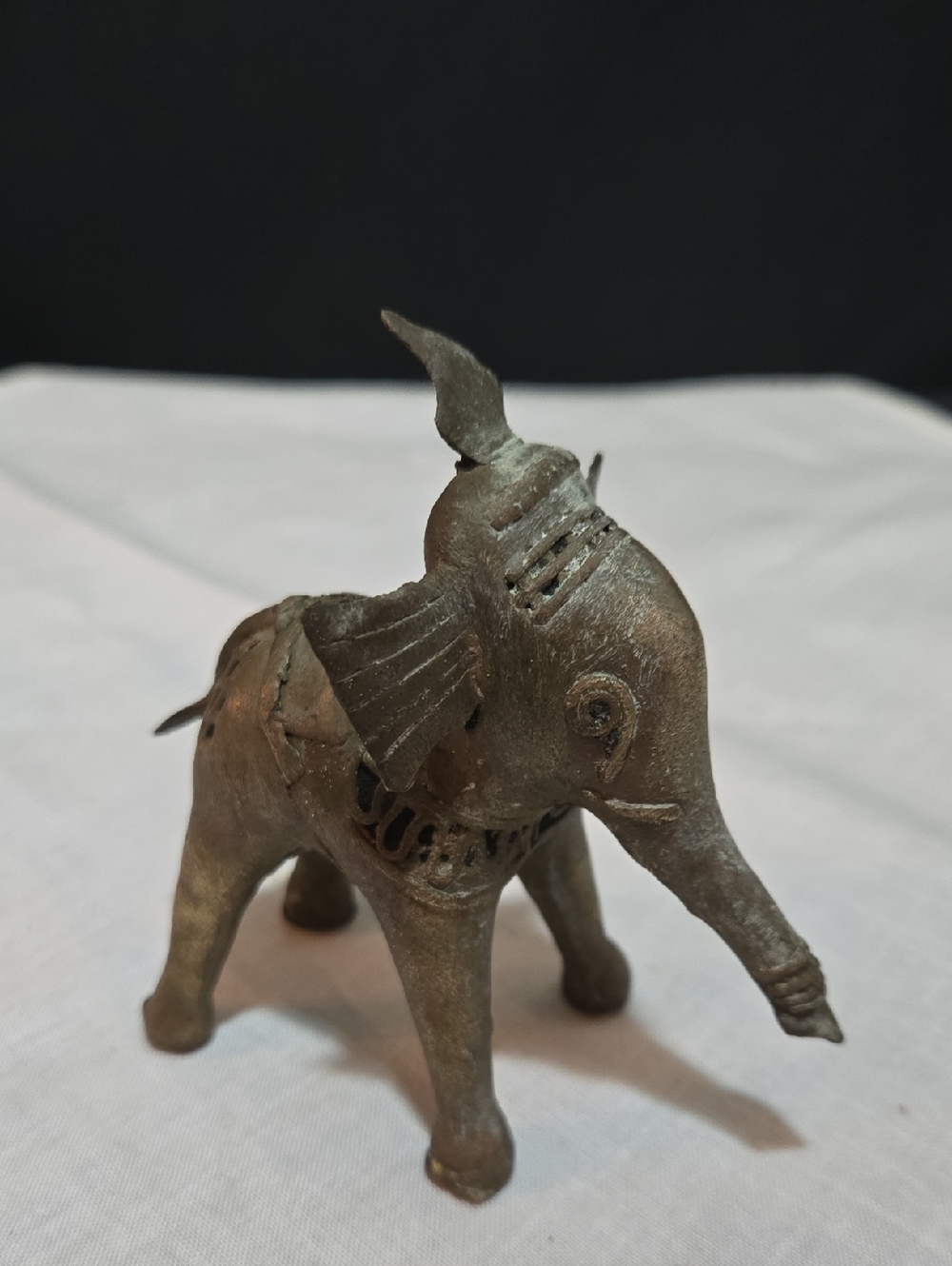 Vintage Dhokra Metal  Elephant Figurine. Ornate Metzl Asian Decor.